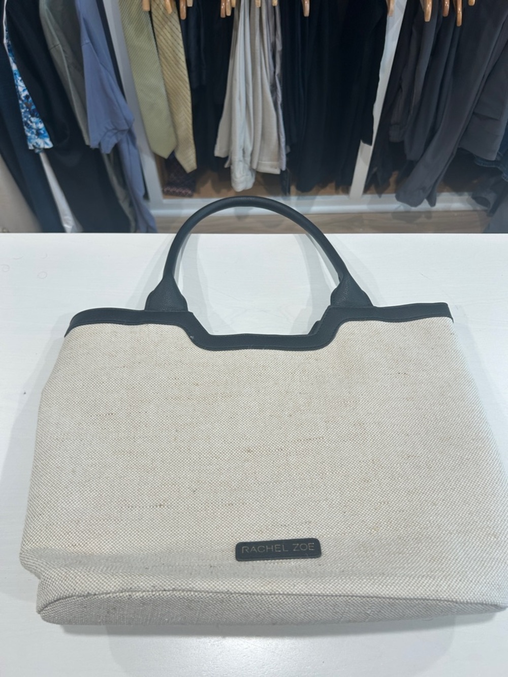 Rachel Zoe Cream Canvas Tote with Black Trim and Handles